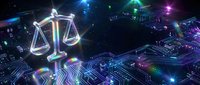 Digital justice scales floating above futuristic circuit board with glowing neon lights and holographic effects for legal technology concepts.
