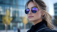 Young Caucasian woman with blonde hair wearing purple mirrored sunglasses and black turtleneck against urban background with glass buildings and bokeh lights.