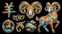 Colorful Chinese zodiac goat set for 2027, isolated on transparent background, ready for stickers, sublimation, t-shirt design, and print on demand clipart use.