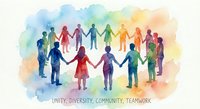 Diverse group of people holding hands in circle on colorful watercolor background representing unity, teamwork and community collaboration concept.