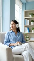 Young South Asian woman wearing white wireless headphones and light blue button-up shirt, sitting on beige couch with tablet, looking away thoughtfully near bright window with shelving behind her.