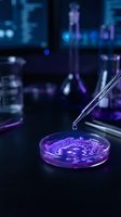 Laboratory pipette dropping sample into petri dish with purple solution in modern research facility for scientific experiments and medical testing.