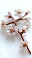 Delicate white cherry blossoms on brown branch against soft white background, macro photography showing transparent petals and stamens in gentle spring composition.