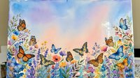 Watercolor painting of colorful butterflies flying over a vibrant wildflower meadow with a soft pastel sky background.