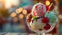 Colorful ice cream sundae with multiple scoops, wafer cone, cherry and mint garnish in glass bowl against warm bokeh background for dessert menu designs.