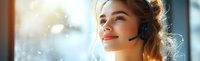 Young Caucasian woman customer service representative with headset smiling warmly in bright office environment for business communication and support.