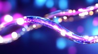 Glowing curved line with sparkles and bokeh effects in blue and purple colors against dark background creates magical atmosphere for festive designs.