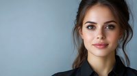 Young Caucasian businesswoman with natural makeup and dark hair in casual black outfit smiling confidently against blue background, professional corporate headshot portrait.