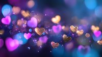 Glowing golden hearts float against blurred purple and blue bokeh background creating romantic atmosphere with magical sparkles and light effects.