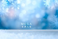 Winter mega sale promotional banner with snowflakes and bokeh lights on blue background, creating festive shopping atmosphere.