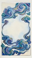 Watercolor frame with swirling blue clouds in traditional Asian style, featuring gold accents and a blank center for text or design.