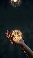 Hand holding glowing geometric sacred symbol with golden light effects against dark background for spiritual and mystical design concepts.