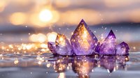 Purple amethyst crystal clusters with glowing light effects and bokeh reflections on water surface against sunset sky background, creating magical atmosphere.