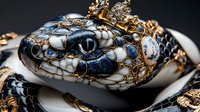 Luxurious snake jewelry design with white enamel, blue sapphires and golden details on black background, close up macro shot of serpent head ornament.