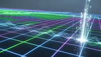 Futuristic digital grid with glowing neon lines and bright light beam creating dynamic technology network visualization for modern tech presentations.