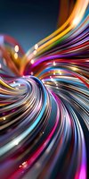 Dynamic swirling lines in vibrant rainbow colors create abstract flowing motion against dark background, with glowing light points adding depth and energy to composition.