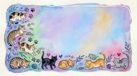 Watercolor frame with cute cats and paw prints in pastel colors, isolated on transparent background for greeting cards, invitations and pet-themed designs.