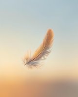 Delicate peach feather floating against soft gradient sunset sky, symbolizing lightness, freedom and spiritual awakening.