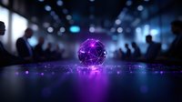 Glowing purple digital sphere with network connections on reflective surface in modern tech conference hall with blurred audience silhouettes in background.