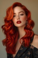 Young woman with vibrant red wavy hair, freckled skin, and bold red lips against neutral background. Elegant earrings and lace top complete glamorous portrait.