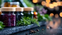 Homemade berry jam in glass jars on dark stone board with fresh herbs and bokeh lights background, selective focus on preserves for food styling.
