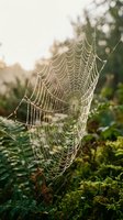 Spider web covered in morning dew drops glistening in soft sunlight among green forest plants creating natural patterns and textures for organic design concepts.
