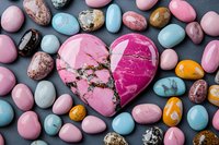 Pink and blue heart shaped stone surrounded by colorful polished pebbles on dark background, romantic mineral composition for wellness and meditation.