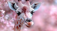 Adorable pink giraffe with cherry blossom flowers in soft pastel spring background. Fantasy animal illustration for nursery decor and children designs.