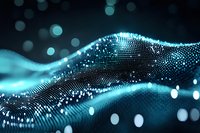 Abstract digital wave made of glowing blue particles and dots on dark background. Modern technology and data visualization concept for futuristic designs.