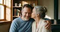 Happy mature couple embracing and smiling together in cozy home interior with warm natural lighting and wooden shelves in background.