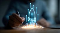 Glowing blue rocket launch icon with digital lines emerging from business document, symbolizing startup growth and innovation in modern workplace setting.