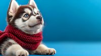 Husky puppy with striking blue eyes wearing red knitted scarf against bright blue background, isolated for design use on apparel and promotional materials.