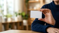 Man holding blank white business card in hand, wearing dark blue shirt, indoor home office setting with blurred plants and shelves background, corporate identity and branding mockup.