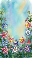 Watercolor columbine flowers border in pink, blue, purple and yellow on soft teal background, perfect for greeting cards and prints.