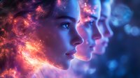 Female profile portraits with cosmic galaxy effects, glowing nebula hair transitions from warm orange to cool blue tones creating ethereal artistic composition.