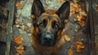 Young German Shepherd dog with bright blue eyes looking up at camera, autumn orange leaves scattered on ground, close up portrait with moody atmospheric lighting.