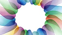 Colorful abstract geometric shapes forming circular frame with transparent overlapping elements creating rainbow gradient effect on white background.