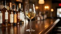 Glass of white wine on wooden bar counter with blurred bottles and warm lighting in upscale restaurant or pub setting for dining and hospitality concepts.