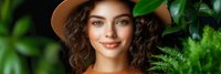 Young woman with curly brown hair wearing beige hat smiling in tropical jungle setting with lush green ferns and foliage creating natural outdoor portrait.