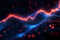 Glowing red line chart on digital blue particle wave background with bokeh effect, representing financial market data and business analytics.