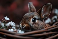 Close-up portrait of brown bunny rabbit peeking through white spring flowers with soft bokeh background, creating magical woodland atmosphere.