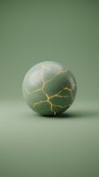 Sage green sphere with gold kintsugi crack pattern on muted background, representing repair, resilience and luxury design concepts.