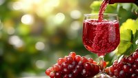 Red grape juice pouring into glass with fresh grapes on wooden table in sunny garden setting with natural bokeh background for healthy lifestyle.