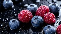 Fresh ripe raspberries and blueberries with water drops on black background, macro shot of mixed berries with morning dew for healthy food concept.
