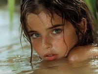 Young woman with wet hair and natural makeup in water, close-up portrait showing intense blue eyes and parted lips, artistic beauty photography with soft lighting.