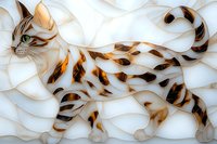 Artistic Bengal cat silhouette with striped pattern in brown and beige tones against abstract white curved background, modern decorative style for wall art.