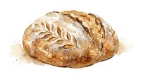 Watercolor artisan bread loaf with decorative wheat pattern scoring on golden brown crust, rustic bakery style painting for culinary designs and food packaging.