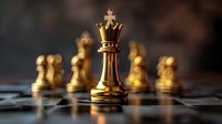 Golden chess queen piece standing on board with pawns in background, dramatic lighting creates powerful leadership and strategy concept for business design.