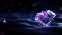 Glowing purple diamond with magical sparkles on dark background, mystical gemstone illuminated with ethereal light creating dreamy atmosphere.