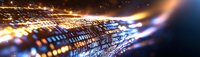 Glowing digital data stream with orange and blue light trails flowing through cyberspace, abstract technology background for network concepts.